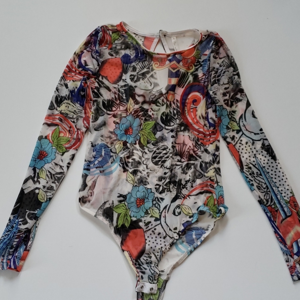 Bodysuit Sheer All Over Print Size S